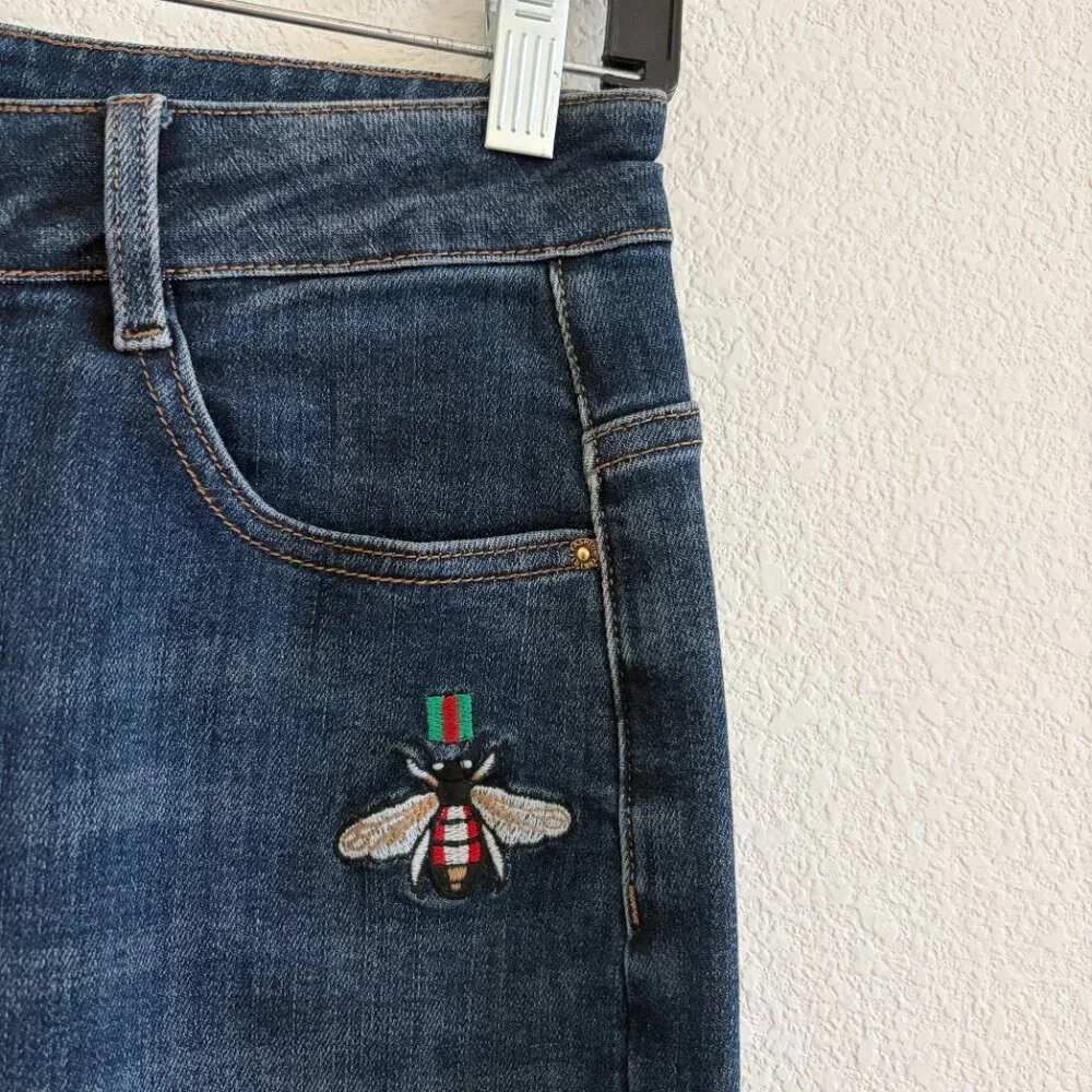 Bee Embroidered Jean Womens 27 x 27 Blue Tapered Stretch Denim Designer Inspired - Picture 3 of 12